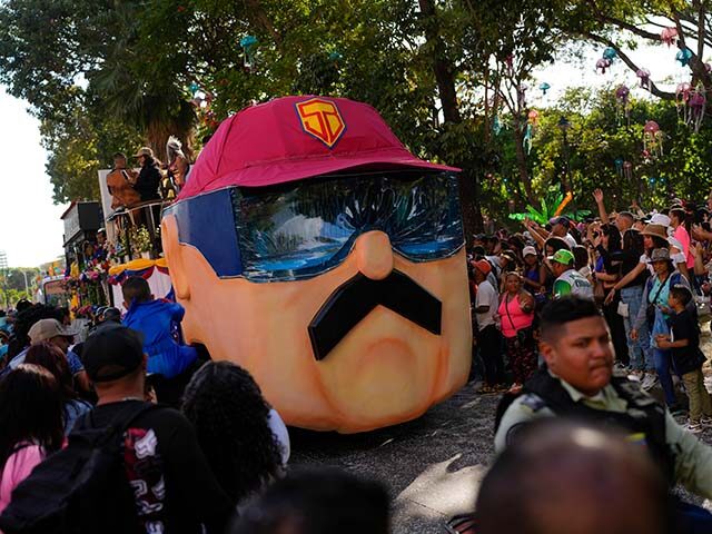 A carnival float depicting Super Mustache, or "Super Bigote" in Spanish, a chara