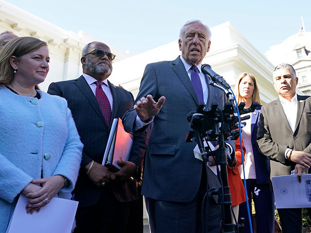 Rep. Steny Hoyer, D-Md., third from left, and other Democrats talk to reporters outside the White House in Washington, Thursday, March 30, 2023. (AP Photo/Susan Walsh)
