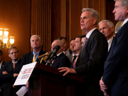 House Speaker Kevin McCarthy, of Calif., second from right, speaks alongside House Republicans during a news conference following a vote on H.R. 2, a bill to build more U.S.-Mexico border wall and impose new restrictions on asylum seekers, in the Rayburn Room at the Capitol Building in Washington, Thursday, May …