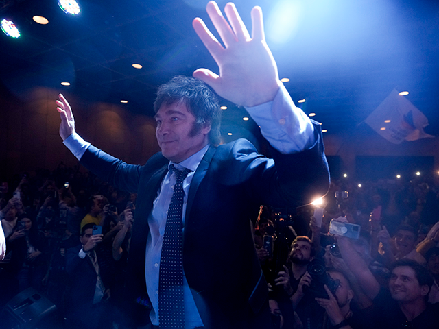 Argentina presidential candidate Javier Milei arrives to present his book "The End of