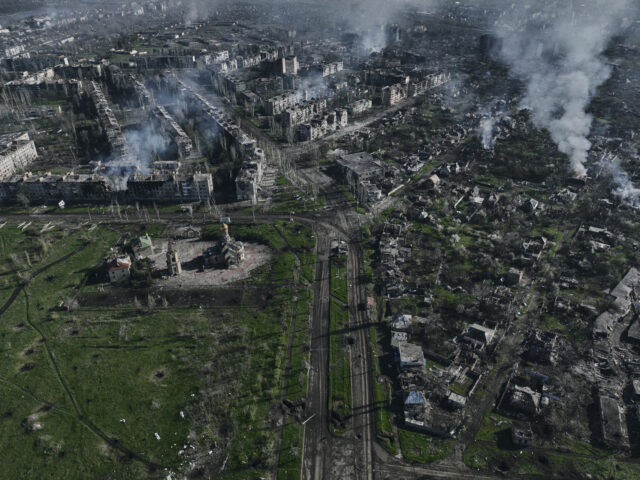 FILE - Smoke rises from buildings in this aerial view of Bakhmut, the site of the heaviest