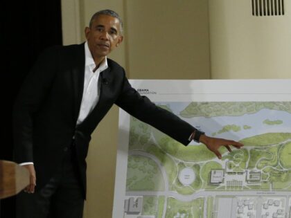 Obama Library FILE - In this May 3, 2017, file photo, former President Barack Obama points to a rendering for the former president's lakefront presidential center at a community event at the South Shore Cultural Center in Chicago. Obama's presidential center will move another step closer to its brick-and-mortar future …
