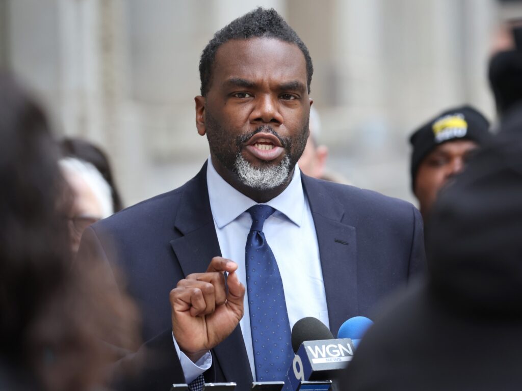 CHICAGO, ILLINOIS - JANUARY 24: Chicago mayoral candidate and Cook County commissioner Brandon Johnson speaks during a press conference outside of City Hall to explain his proposed agenda if elected mayor on January 24, 2023 in Chicago, Illinois. The Chicago mayoral election will be held on February 28. (Photo by Scott Olson/Getty Images)