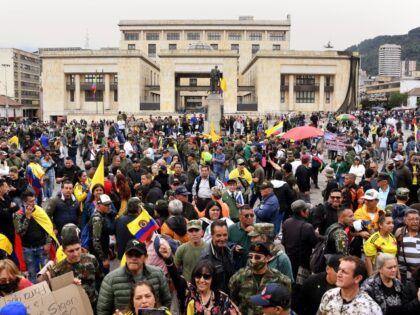 Former military and police officers gather at Bolivar Square to protest against the government of leftist President Gustavo Petro and to demand better retirement conditions in Bogota, on May 10, 2023. (DANIEL MUNOZ/AFP via Getty Images)