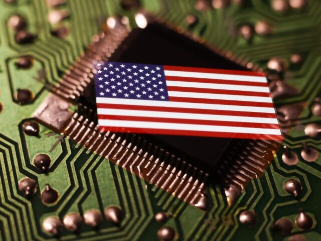 Microchip and flag of United States displayed on a phone screen are seen in this multiple