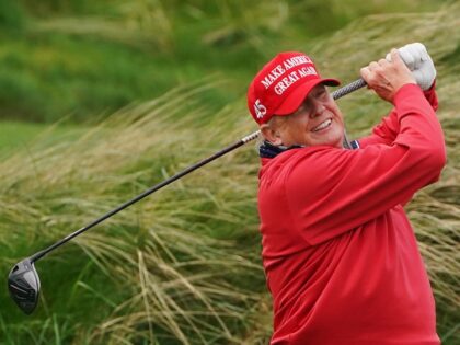 Former US president Donald Trump on the 4th tee at Trump International Golf Links & Hotel in Doonbeg, Co. Clare, during his visit to Ireland. Picture date: Thursday May 4, 2023.