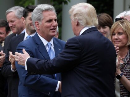 WASHINGTON, DC - MAY 04: U.S. President Donald Trump (R) greets House Majority Leader Rep. Kevin McCarthy (R-CA) (L) during a Rose Garden event May 4, 2017 at the White House in Washington, DC. The House has passed the American Health Care Act that will replace the Obama era's Affordable …
