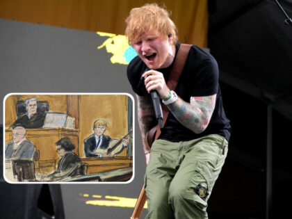 NEW ORLEANS, LOUISIANA - APRIL 29: Ed Sheeran performs onstage at the 2023 New Orleans Jazz & Heritage Festival at Fair Grounds Race Course on April 29, 2023 in New Orleans, Louisiana. (Jeff Kravitz/FilmMagic) Inset: Ed Sheeran plays his guitar on the witness stand during his testimony with Judge Louis …