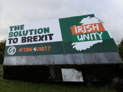 A Sinn Fein poster proposing Irish unity as a solution to Brexit on the N3 road outside Co
