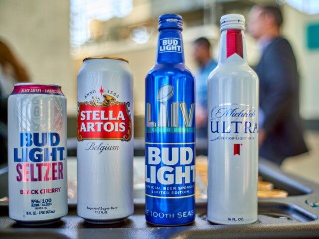 A detail view of Super Bowl LIV Bud Light, Stella Artois and Michelob Ultra beer cans is s