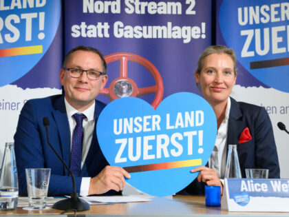 08 September 2022, Berlin: Tino Chrupalla, national chairman of the AfD, and Alice Weidel, national chairwoman of the AfD, present the "Our Country First!" campaign at a press conference. Photo: Bernd von Jutrczenka/dpa (Photo by Bernd von Jutrczenka/picture alliance via Getty Images)