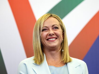 Giorgia Meloni, leader of the Brothers of Italy party, reacts at the party's general elect