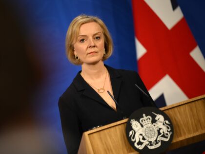 LONDON, ENGLAND - OCTOBER 14: UK Prime Minister Liz Truss talks at a press conference in 10 Downing Street after sacking her former Chancellor, Kwasi Kwarteng, on October 14, 2022 in London, England. After just five weeks in the job, Prime Minister Liz Truss has sacked Chancellor of The Exchequer …