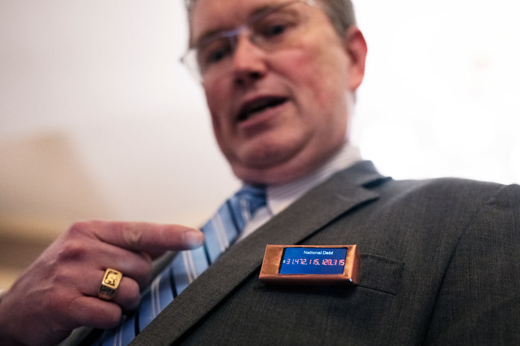 UNITED STATES - FEBRUARY 7: Rep. Thomas Massie, R-Ky., talks about his national debt button before President Joe Bidens State of the Union address in the House Chamber on Tuesday, February 7, 2023. (Tom Williams/CQ-Roll Call, Inc via Getty Images)