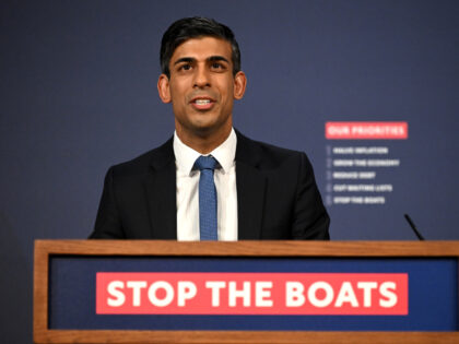 LONDON, ENGLAND - MARCH 07: Prime Minister Rishi Sunak speaks during a press conference following the launch of new legislation on migrant channel crossings at Downing Street on March 7, 2023 in London, United Kingdom. The new plan will ban refugees arriving in the UK by small boats from today …