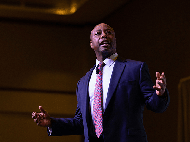 US Senator Tim Scott, R-SC, speaks during the Vision 2024 National Conservative Forum at t