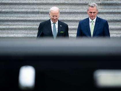 President Joe Biden walks with House Speaker Kevin McCarthy, R-Calif., as he departs following the annual St. Patrick's Day luncheon on Capitol Hill on Friday, March 17, 2023, in Washington, DC. (Photo by Jabin Botsford/The Washington Post via Getty Images)