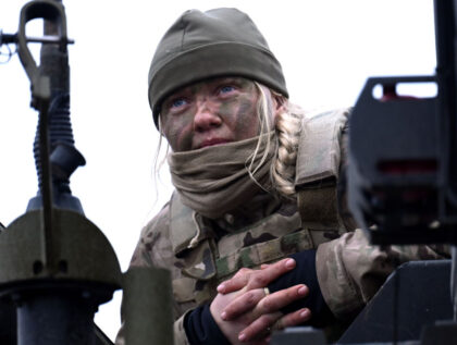 OKSBOL, DENMARK - MARCH 30: A female soldier looks on during Dynamic Front military exerci