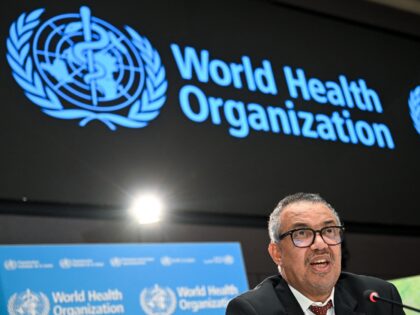 World Health Organization (WHO) chief Tedros Adhanom Ghebreyesus looks on during a press conference on the World Health Organization's 75th anniversary in Geneva, on April 6, 2023. (Photo by Fabrice COFFRINI / AFP) (Photo by FABRICE COFFRINI/AFP via Getty Images)
