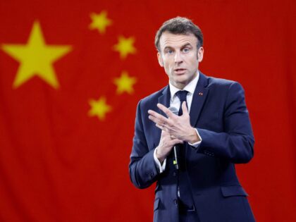 TOPSHOT - French President Emmanuel Macron gestures as he speaks to students at Sun Yat-sen University in Guangzhou on April 7, 2023. (Photo by LUDOVIC MARIN / AFP) (Photo by LUDOVIC MARIN/AFP via Getty Images)