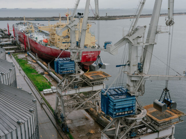 Cranes for unloading grain shipments dockside at the Port of Constanta, Romania, on Thursd