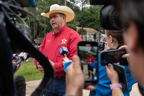 San Jacinto County Sheriff Greg Capers speaks to the media outside of a crime scene where five people, including an 8-year-old child, were killed after a shooting inside a home on April 29, 2023 in Cleveland, Texas. (Photo by Go Nakamura/Getty Images)