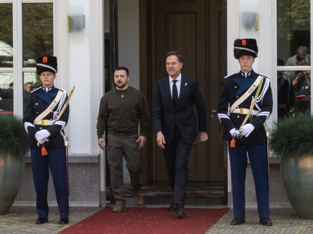 Mark Rutte, Netherlands prime minister, center right, and Volodymyr Zelenskiy, Ukraine&#03