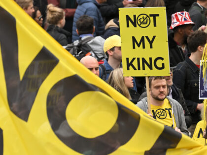 LONDON, ENGLAND - MAY 06: Protesters hold up placards reading "Not My King" in Trafalgar Square ahead of the Coronation of King Charles III and Queen Camilla on May 6, 2023 in London, England. The Coronation of Charles III and his wife, Camilla, as King and Queen of the United …