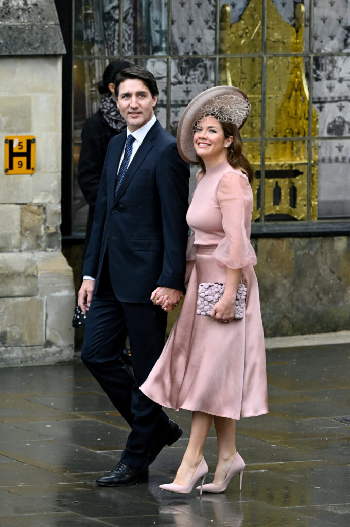 LONDON, ENGLAND - MAY 06: Canadian prime minister Justin Trudeau and wife Sophie Trudeau arrive to attend the Coronation of King Charles III and Queen Camilla on May 6, 2023 in London, England. The Coronation of Charles III and his wife, Camilla, as King and Queen of the United Kingdom of Great Britain and Northern Ireland, and the other Commonwealth realms takes place at Westminster Abbey today. Charles acceded to the throne on 8 September 2022, upon the death of his mother, Elizabeth II. (Photo by Toby Melville - WPA Pool/Getty Images)