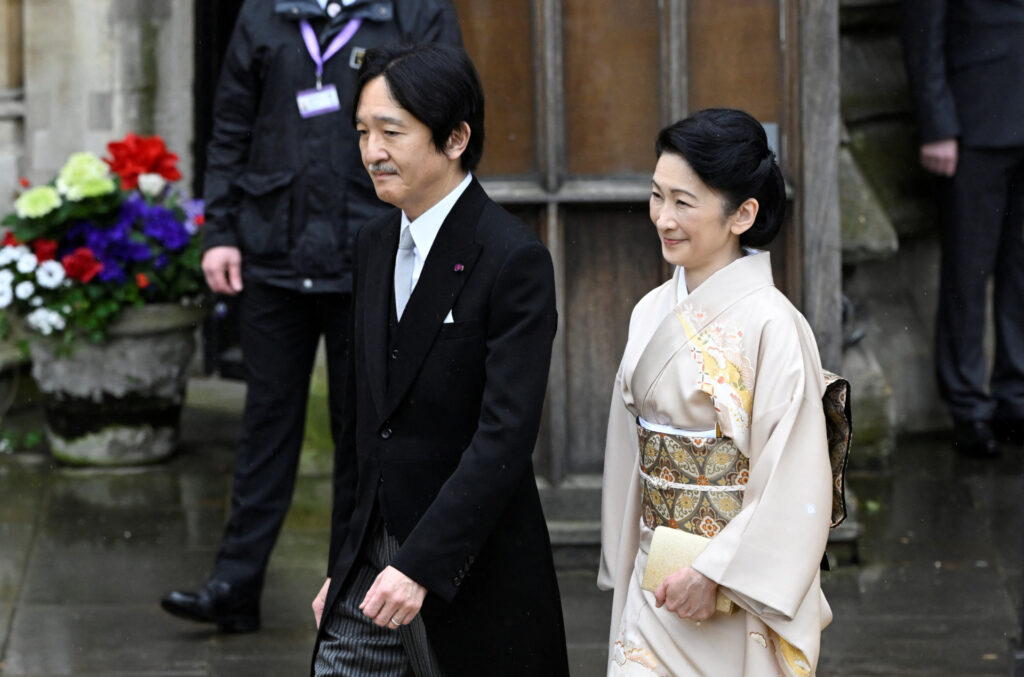 LONDON, ENGLAND - MAY 06: Crown Prince Fumihito of Japan and Crown Princess Kiko arrive to attend the Coronation of King Charles III and Queen Camilla on May 6, 2023 in London, England. The Coronation of Charles III and his wife, Camilla, as King and Queen of the United Kingdom of Great Britain and Northern Ireland, and the other Commonwealth realms takes place at Westminster Abbey today. Charles acceded to the throne on 8 September 2022, upon the death of his mother, Elizabeth II. (Photo by Toby Melville - WPA Pool/Getty Images)