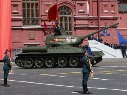 MOSCOW, RUSSIA - MAY 09: (RUSSIA OUT) Soviet T-34 tank rolls during the Victory Day Red Square Parade on May 9, 2023 in Moscow, Russia. Moscow marks Victory Day with a parade after a new wave of strikes across Ukraine. (Photo by Contributor/Getty Images)
