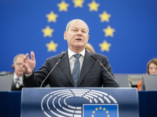 09 May 2023, France, Straßburg: German Chancellor Olaf Scholz (SPD) addresses MEPs in the