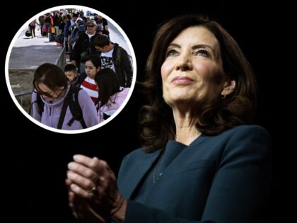 New York Governor Kathy Hochul applauds as US President Joe Biden speaks about why Congress must avoid default by lifting the debt ceiling, at SUNY Westchester Community College in Valhalla, New York, on May 10, 2023. (Photo by Brendan Smialowski / AFP) (Photo by BRENDAN SMIALOWSKI/AFP via Getty Images)