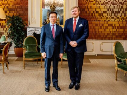 King Willem-Alexander (R) receives China's Vice President Han Zheng (L) at Huis ten Bosch Palace in The Hague, on May 11, 2023. (Photo by patrick van katwijk / ANP / AFP) / Netherlands OUT (Photo by PATRICK VAN KATWIJK/ANP/AFP via Getty Images)