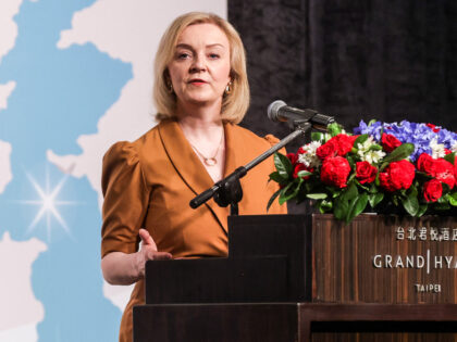 Britain's former prime minister Liz Truss delivers a speech as part of her five-day visit to Taiwan, in Taipei on May 17, 2023. (Photo by I-Hwa Cheng / AFP) (Photo by I-HWA CHENG/AFP via Getty Images)