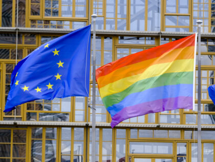 BRUSSELS, BELGIUM - MAY 17: The Rainbow flag (LGBT movement) and the EU flags are seen in front of the Europa, the EU Council headquarter in Brussels, Belgium, 17 May 2023. (Photo by Thierry Monasse/Getty Images)
