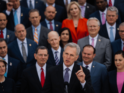 Speaker of the House Kevin McCarthy (R-CA) along with Senate and House Republicans speak t