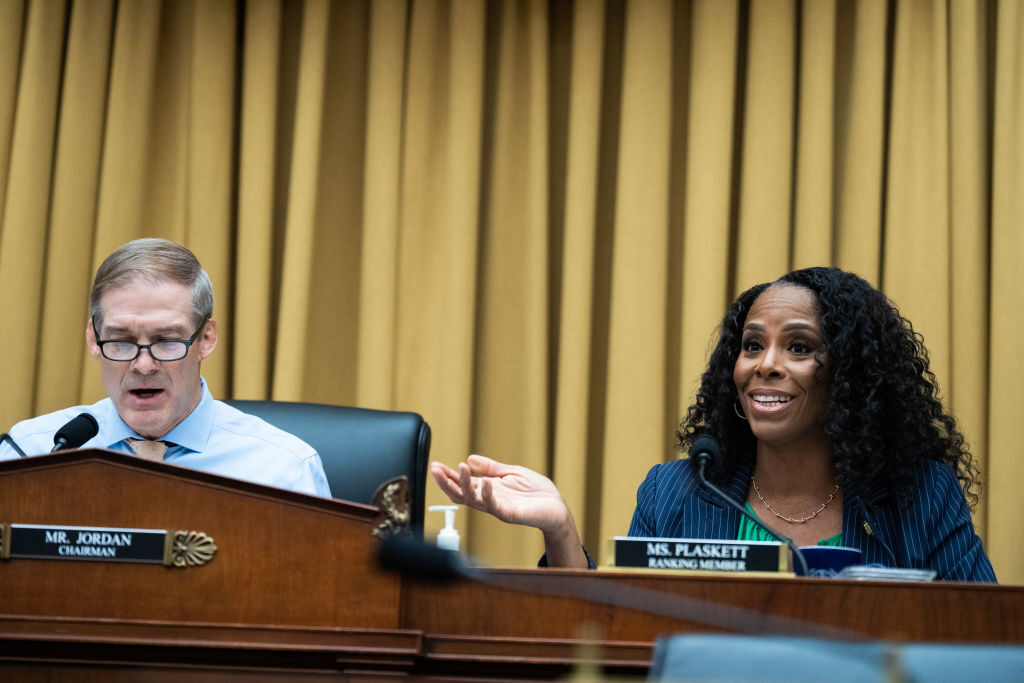 UNITED STATES - MAY 18: Ranking member Del. Stacey Plaskett, D-V.I., and Chairman Jim Jordan, R-Ohio, conduct the House Judiciary Select Subcommittee on the Weaponization of the Federal Government to "examine abuses seen at the Bureau and how the FBI has retaliated against whistleblowers," in Rayburn Building on Thursday, May 18, 2023. FBI whistleblowers testified. (Tom Williams/CQ-Roll Call, Inc via Getty Images)