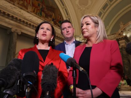 President Mary Lou McDonald (left) and Sinn Fein Vice President Michelle O'Neill (right) speak to the media at Belfast City Hall as results continue to come in for the Northern Ireland local elections. Picture date: Friday May 19, 2023. (Photo by Liam McBurney/PA Images via Getty Images)