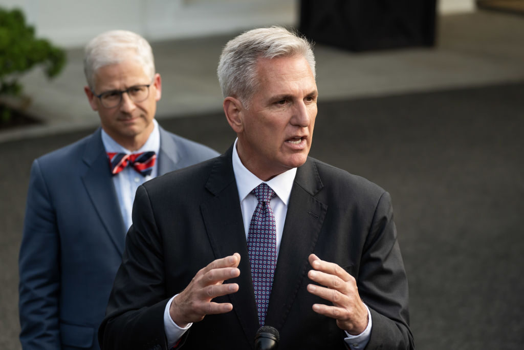 US House Speaker Kevin McCarthy, a Republican from California, right, speaks to members of the media alongside Representative Patrick McHenry, a Republican from North Carolina, after a meeting with US President Joe Biden at the White House in Washington, DC, US, on Monday, May 22, 2023. McCarthy said debt-limit discussions Monday morning with White House negotiators were productive ahead of the meeting with Biden. Photographer: Nathan Howard/Bloomberg via Getty Images