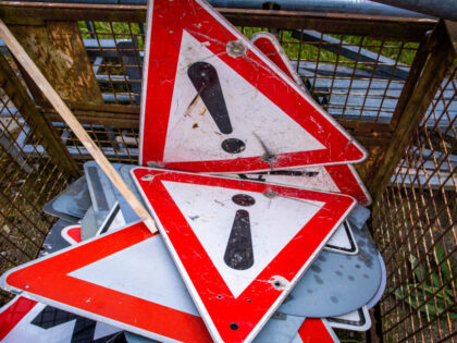 24 May 2023, Mecklenburg-Western Pomerania, Dargelütz: Worn-out and partially dented traffic signs are lying in a collection container in the yard of the county road maintenance department. Photo: Jens Büttner/dpa (Photo by Jens Büttner/picture alliance via Getty Images)