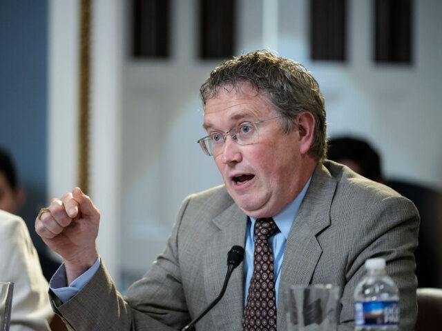 WASHINGTON, DC - MAY 30: Rep. Thomas Massie (R-KY) speaks during a meeting of the House Rules Committee to consider H.R. 3746 - Fiscal Responsibility Act of 2023 at the U.S. Capitol May 30, 2023 in Washington, DC. The committee is considering the 99-page Fiscal Responsibility Act, the bipartisan debt …