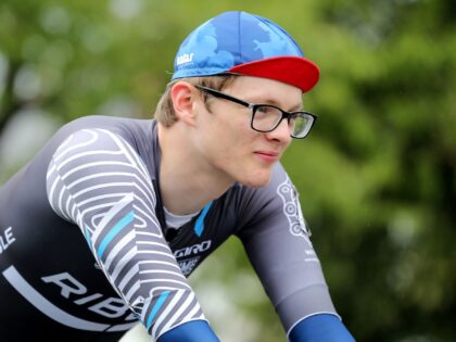 ABERGAVENNY, WALES - AUGUST 26: Zach Bridges prepares to race in stage 5 of the Junior tour of Wales on August 26, 2018 in Abergavenny, Wales, United Kingdom. In October 2020 Zach Bridges the 19-year-old, from Cwmbran in Wales, came out as transgender and now identifies as Emily Bridges. (Photo …