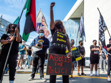 LOS ANGELES, CA - MAY 25:Black Lives Matter supporters take to the streets in Los Angeles outside LAPD Headquarters during the first anniversary of George Floyd"u2019s death on Tuesday, May 25, 2021. (Photo by Sarah Reingewirtz/MediaNews Group/Los Angeles Daily News via Getty Images)"n