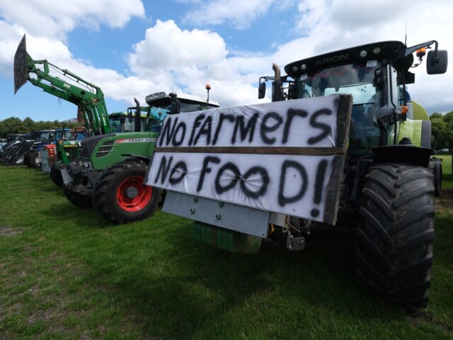 THE HAGUE, NETHERLANDS - JULY 7: Dutch farmers' tractors are parked during a protest against the government's plans to reduce nitrogen emissions in the country in The Hague, Netherlands on July 7, 2021. (Photo by Yuriko Nakao/Getty Images)