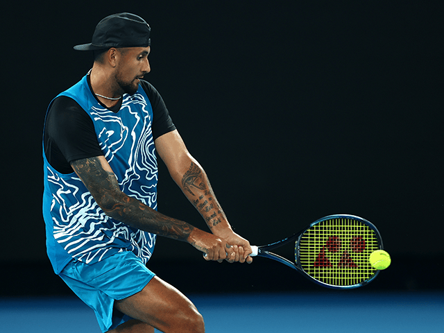 Nick Kyrgios of Australia plays a backhand in his Arena Showdown charity match against Nov