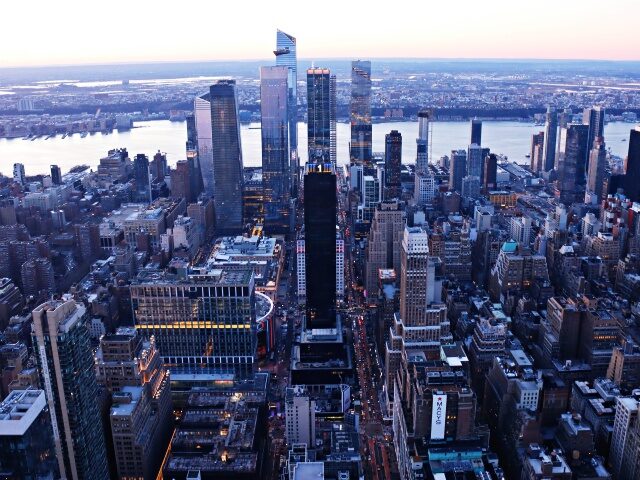 NEW YORK, NY - FEBRUARY 18: Traffic moves along 34th street towards Hudson Yards seen from