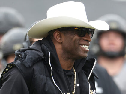 Head coach Deion Sanders of the Colorado Buffaloes watches as his team warms up prior to their spring game at Folsom Field on April 22, 2023 in Boulder, Colorado. (Photo by Matthew Stockman/Getty Images)