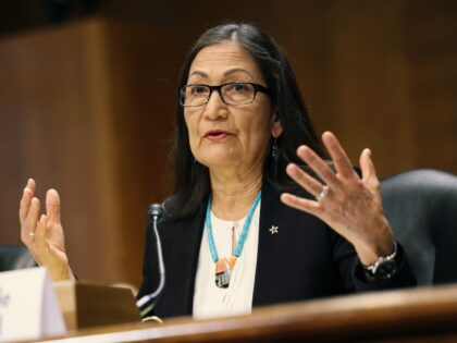 WASHINGTON, DC - MAY 02: U.S. Interior Secretary Deb Haaland testifies during a Senate Energy and Natural Resources hearing on May 02, 2023 in Washington, DC. The committee held the hearing to examine President Biden's budget request for the U.S. Department of the Interior for fiscal year 2024. (Photo by …