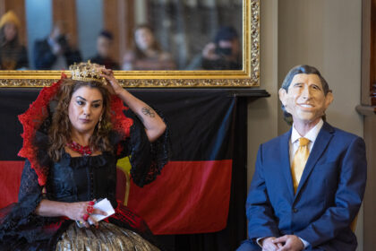 MELBOURNE, AUSTRALIA - MAY 06: Senator Lidia Thorpe (Left) and a man dressed as Prince Cha